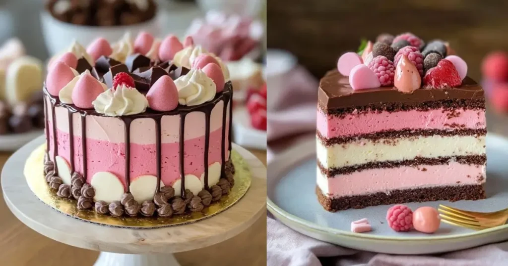 A beautifully decorated Neapolitan cake with layers of chocolate, vanilla, and strawberry frosting