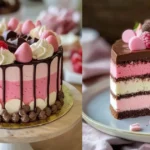 A beautifully decorated Neapolitan cake with layers of chocolate, vanilla, and strawberry frosting